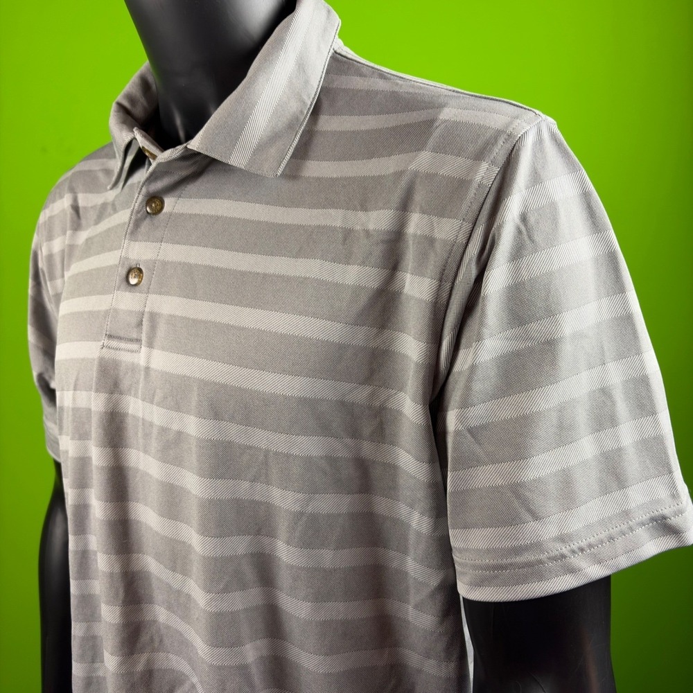 PEBBLE BEACH Performance Polo Mens L 44" Grey/White Striped Dry-Luxe Soft Shirt